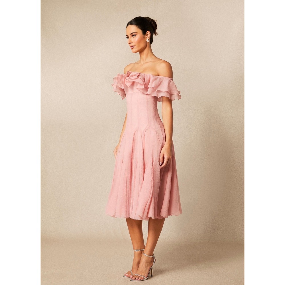 $98 Sunfere Vita Off Shoulder Ruffle Midi Dress Pink XL Bardot Neckline NEW